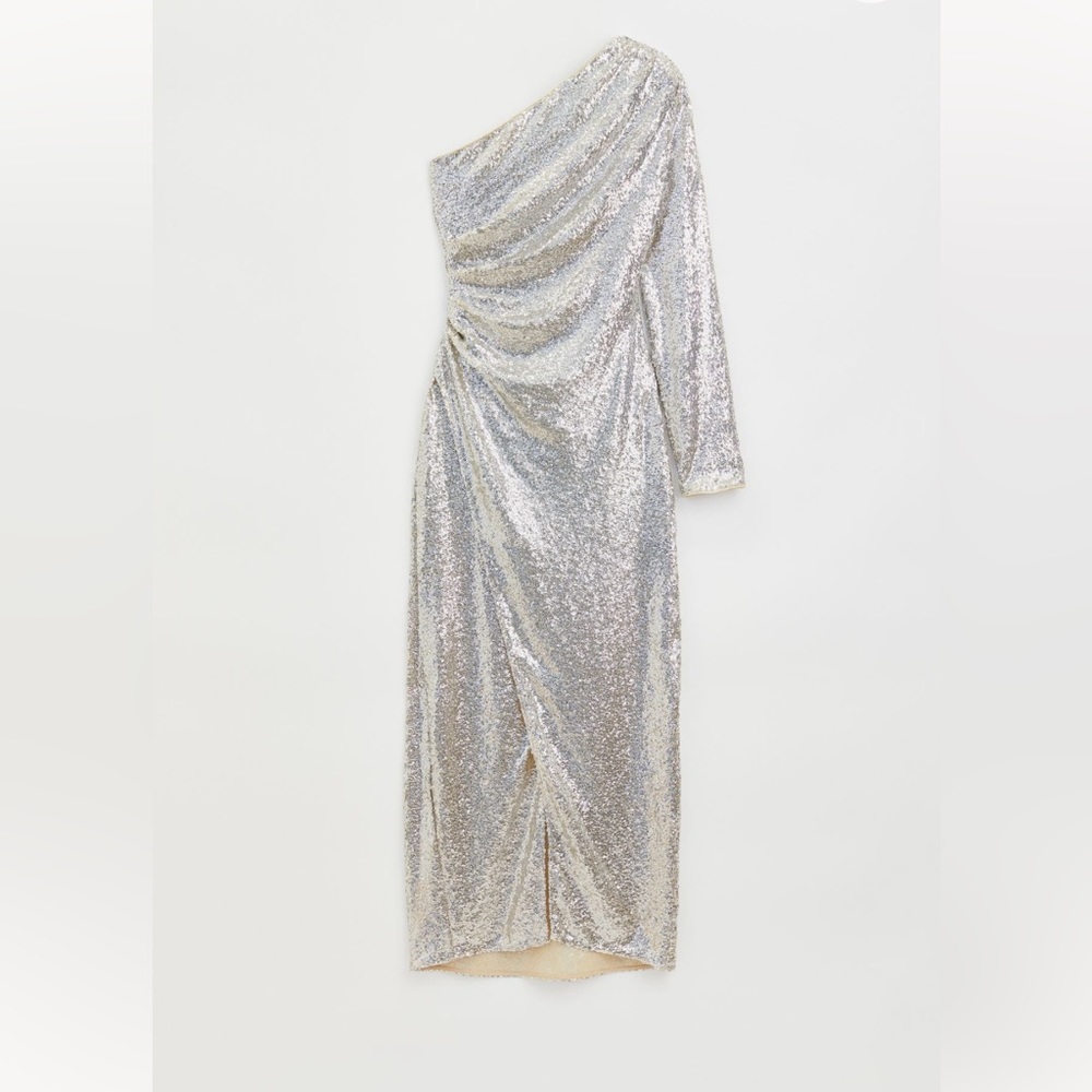 H&M One Shouldered Silver Sequin Maxi Dress Size S